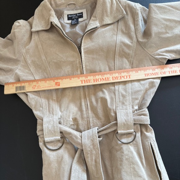 Y2K Neutral Zone Suede Leather Jacket Womens M Tie Belt Beige Utility Neutral - Picture 11 of 16